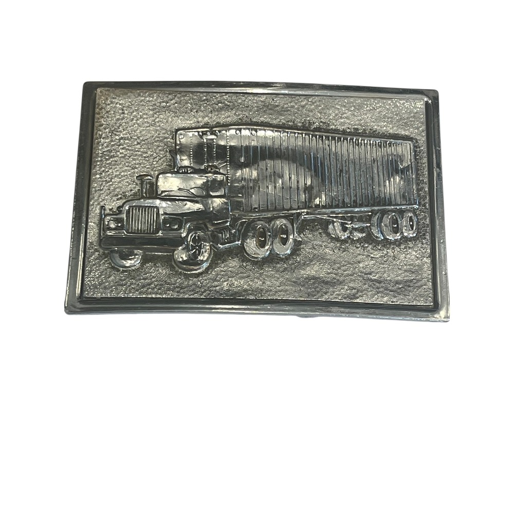 Raised 18 Wheeler Belt Buckle Silvertone 3"